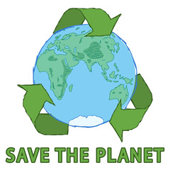 save the planet concept art, waste problem, recycle symbol, earth planet eastern hemisphere, editable vector illustration