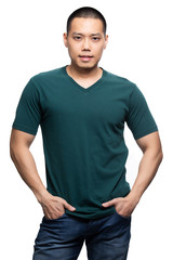 Fototapeta premium Asian model for green v-neck tshirt blank mockup template in your clothing design.