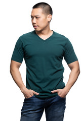 Fototapeta premium Asian model for green v-neck tshirt blank mockup template in your clothing design.