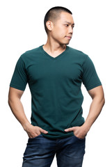 Fototapeta premium Asian model for green v-neck tshirt blank mockup template in your clothing design.