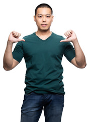 Asian model for green v-neck tshirt blank mockup template in your clothing design.