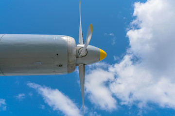 Turboprop airplane engine against the sky. Four Blade Aircraft Propeller.