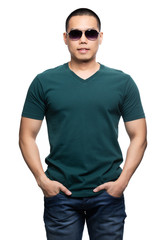 Fototapeta premium Asian model for green v-neck tshirt blank mockup template in your clothing design.