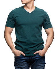 Obraz premium Asian model for green v-neck tshirt blank mockup template in your clothing design.