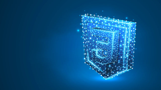 Cascading Style Sheets coding language css sign. Device, programming, developing concept. Abstract, digital, wireframe, low poly mesh, Raster blue neon 3d illustration Triangle, line dot