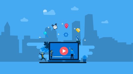 people streaming online video with their laptop.online tutorial video streaming can use for, landing page, template, ui, web, mobile app, poster, banner, flyer.vector ilustration