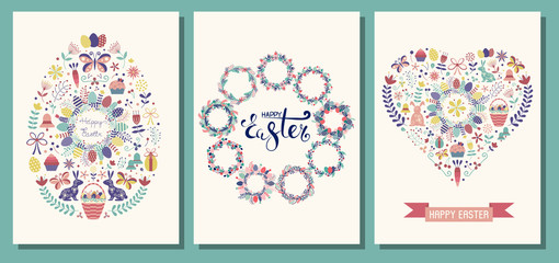 Fototapeta na wymiar Happy Easter Flat Vintage Greeting Cards Templates