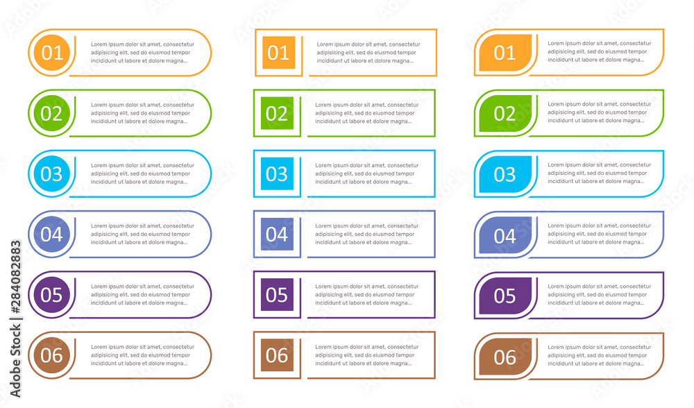 Poster set of 6 steps buttons, web infographic elements, options vector illustration.