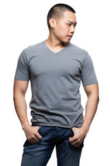 Grey on asian model for v-neck tshirt blank mockup template