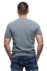 Grey on asian model for v-neck tshirt blank mockup template