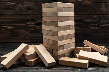 pile of wooden bricks. wooden toys. Board games