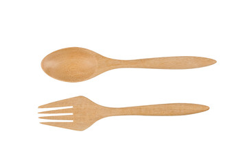 wood spoon and fork isolated on white background, Eco kitchen equipment