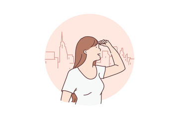 Concept of the young beautiful purposeful woman. Inspired freedom independence girl looking in space or the future with a smile. Teenager student looks for the friends. Cartoon flat Design Isolated