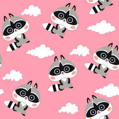 Cute pink seamless pattern with raccoons and white clouds on pink background.  Pattern for fabric and textile.