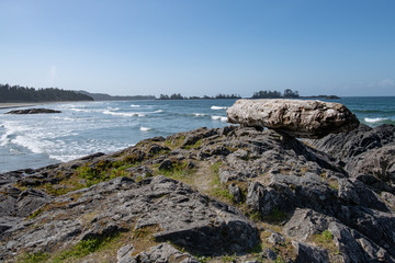 driftwood log perched on rocks looking out over the sea on Vancouver Island