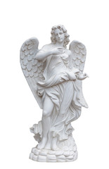 Angel sculpture with wings in European church against white background