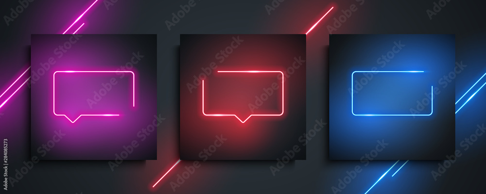 Poster Neon frames set. Night bright signboard, glowing light speech bubble rectangle on black background for your design. Vector illustration.