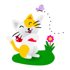 Happy cat with nature, Cute cat play with butterfly.