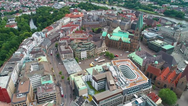 aerial view over historic district of bremen with church 