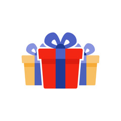 Loyalty reward prize, three surprising gift boxes, super present, birthday gift, flat icon