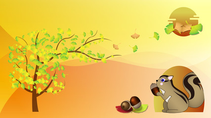 壁紙16X9（秋の風景、いちょうとリス　AUTUMN02）