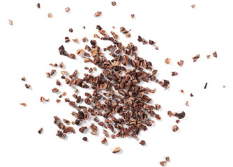 Chopped cocoa pile isolated on white background, top view