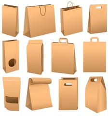 Brown paper bag set isolated on white background