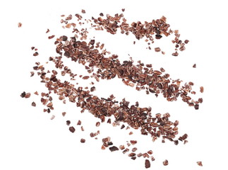 Chopped cocoa pile isolated on white background, top view