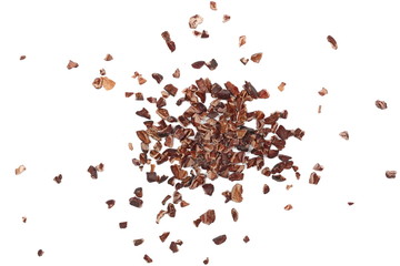 Chopped cocoa pile isolated on white background, top view