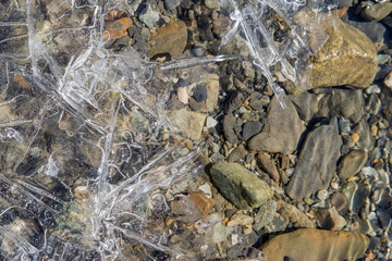 Frozen mountain stream close up