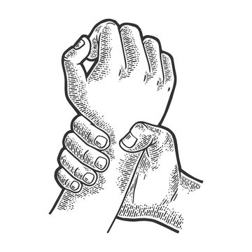 recommend clip art: Hand catches other hand sketch engraving vector illustration. Scratch board style imitation. Black and white hand drawn image.