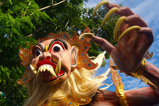 Ogoh ogoh, traditional mask-statue  of bad spirit,during nyepi carnival parade in bali- Indonesia