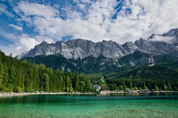 Eibsee lake in front of Zugspitze mountain in Bavaria Germany.mountain view. Alpine landscape 