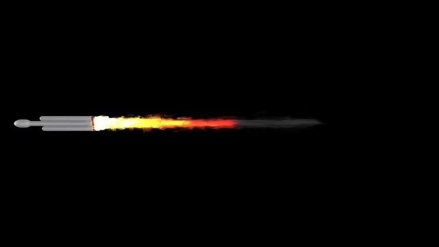 Animated simple plain rocket with three busters and payload on center core igniting its many engines spitting fire and smoke as if flying at very high speed and spinning. Black background and isolated