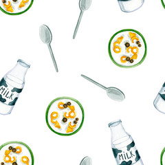 Seamless pattern with watercolor cereals in bowl, bottle of milk, spoon. Isolated on white hand drawn illustration of breakfast food perfect for kitchen design, fabric textile, wallpaper