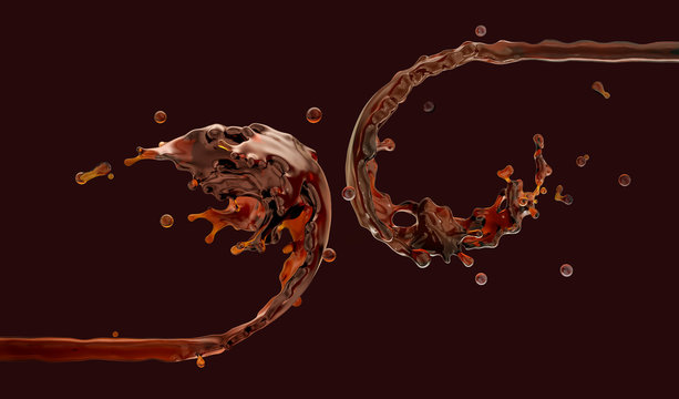 Cola, beer, red rooibos tea, bourbon, coffee spiral splash with droplets. Hot or cold ice tea, soft drink, alcohol drink splashing, isolated on dark background. Liquid refreshing drink design element