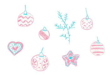 The person rides the sledge. It is drawn blue and pink wax crayons