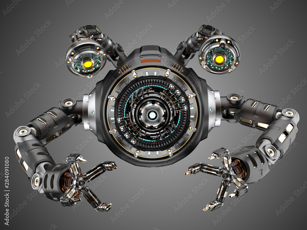 Poster sci fi factory robot or futuristic metallic machine designed for building robotic components, cars o