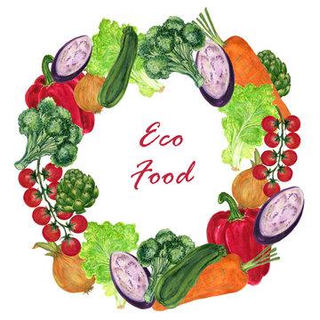 Watercolor Vegetarian food frame wreath design template. Hand painted fresh botanical vegetables