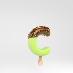 Ice cream letter C lowercase. Pistachio popsicle font with hot chocolate and sprinkles isolated on white background.
