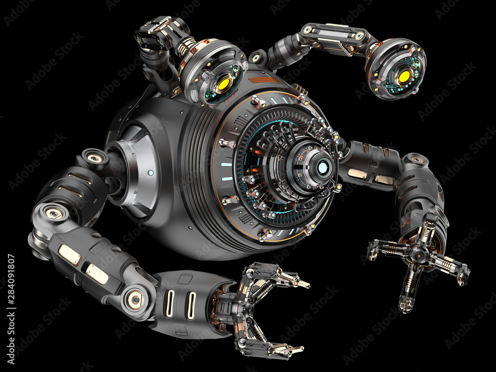 Poster sci fi factory robot or futuristic metallic machine designed for building robotic components or cars