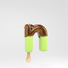 Ice cream letter N lowercase. Pistachio popsicle font with hot chocolate and sprinkles isolated on white background.