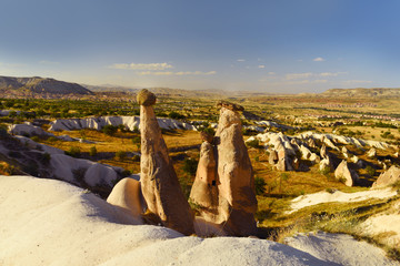The rocky terrain of Turkey. Cappadocia Hot sunny landscape. Cave rock cities.