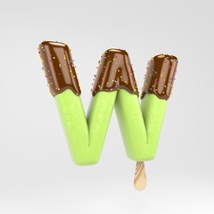 Ice cream letter W uppercase. Pistachio popsicle font with hot chocolate and sprinkles isolated on white background.