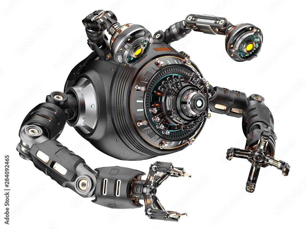 Poster sci fi factory robot or futuristic metallic machine designed for building robotic components or cars