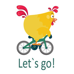 Cute cartoon banner, card, sticker with yellow rooster on green bike. Easter