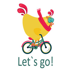Cute cartoon banner, card, sticker with yellow rooster on green bike. Easter