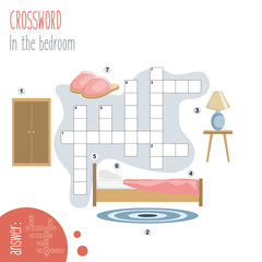 Fototapeta na wymiar Easy crossword puzzle 'In the bedroom', for children in elementary and middle school. Fun way to practice language comprehension and expand vocabulary.Includes answers. Vector illustration.