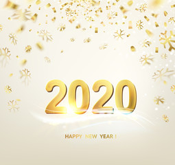 Happy new year card over white background with golden sparks. Happy new year 2020. Holiday card. Template for your design. Vector illustration.