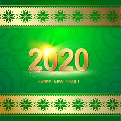 2020 year calendar design template. Holiday label with numbers over green backdrop with ornamental border. Vector illustration.
